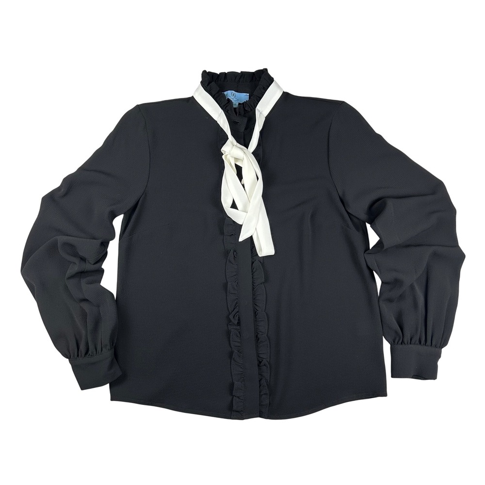 CeCe Womens Black Ruffle Tie Neck Long Sleeve Blouse Top XS 7061033
